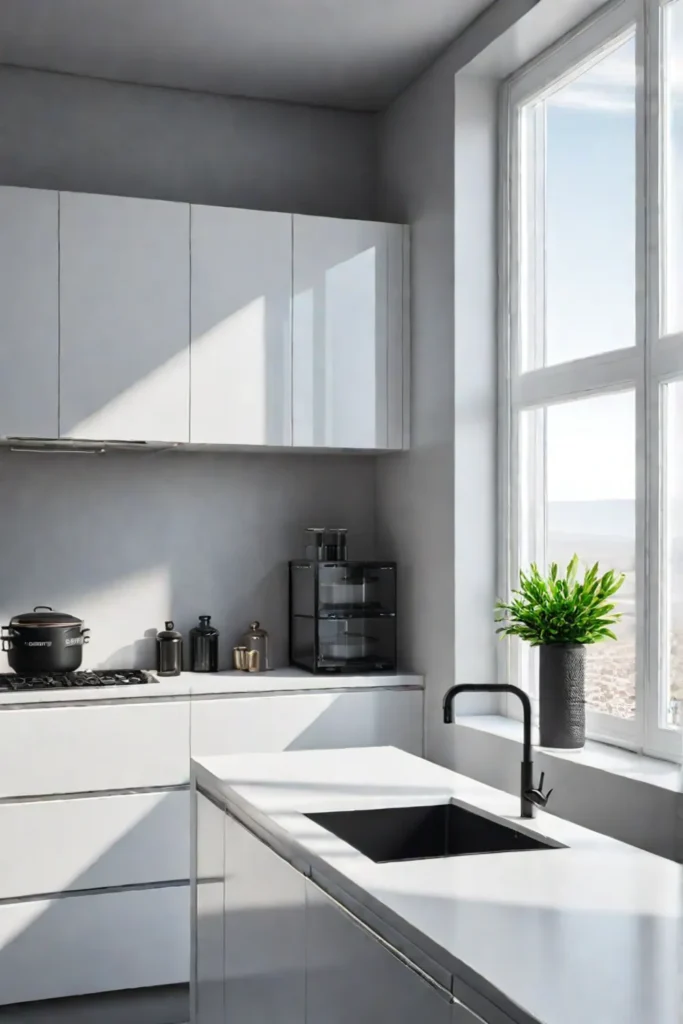 Small kitchen with reflective surfaces and ample light