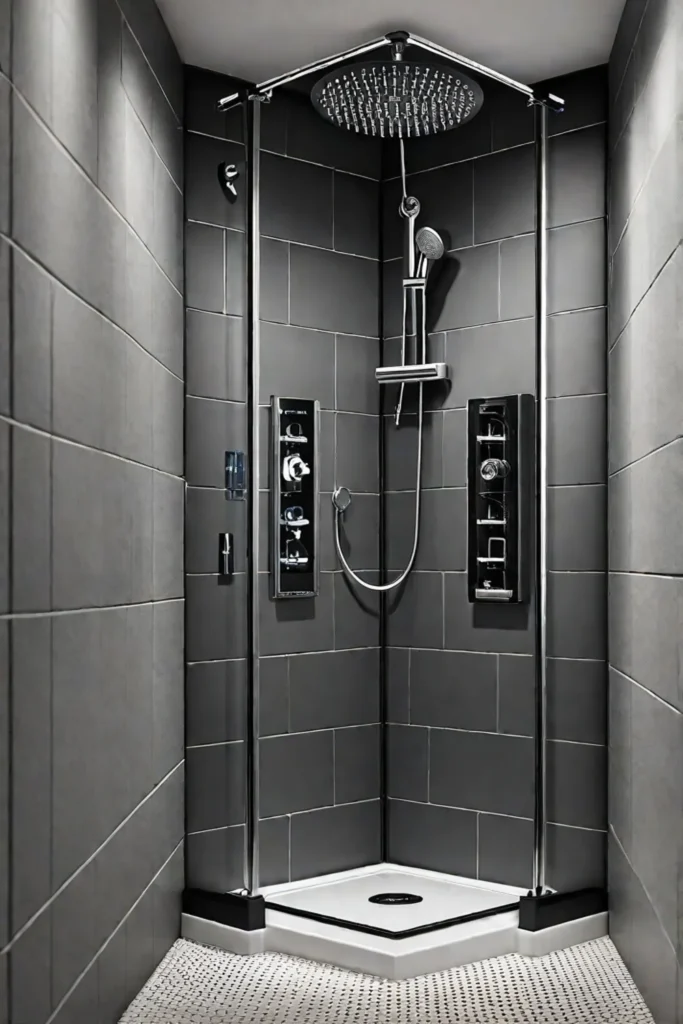 Spacesaving corner shower caddy in a small bathroom