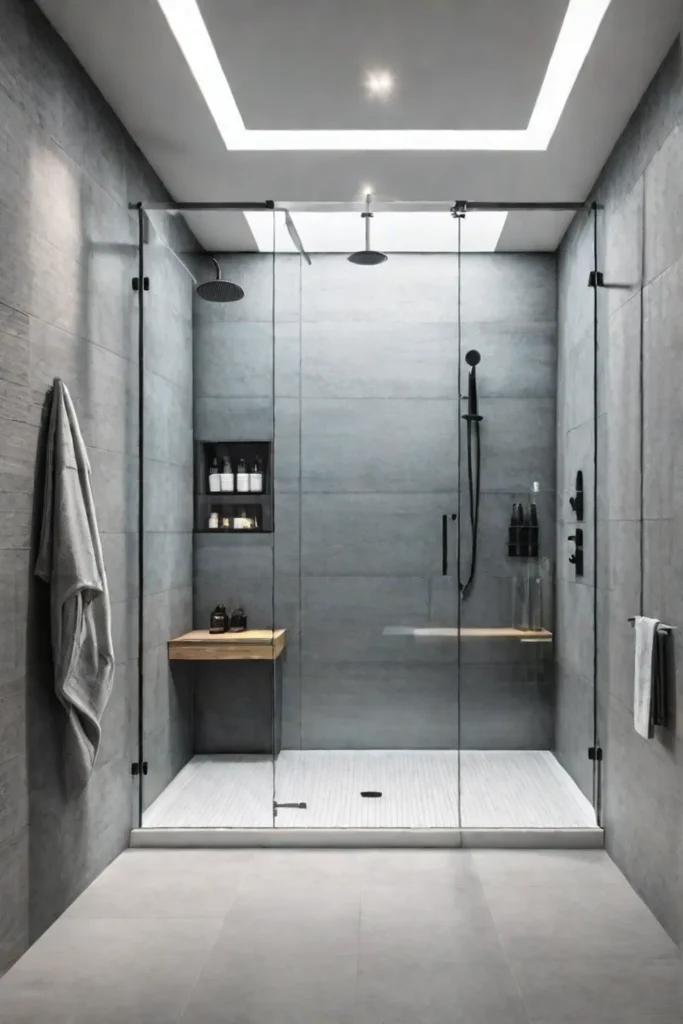 Spacious shower with large porcelain tiles