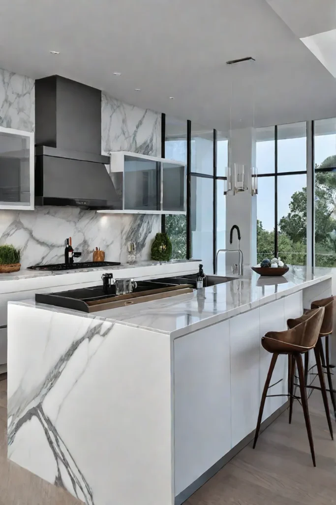 Stainless steel appliances and marble island kitchen