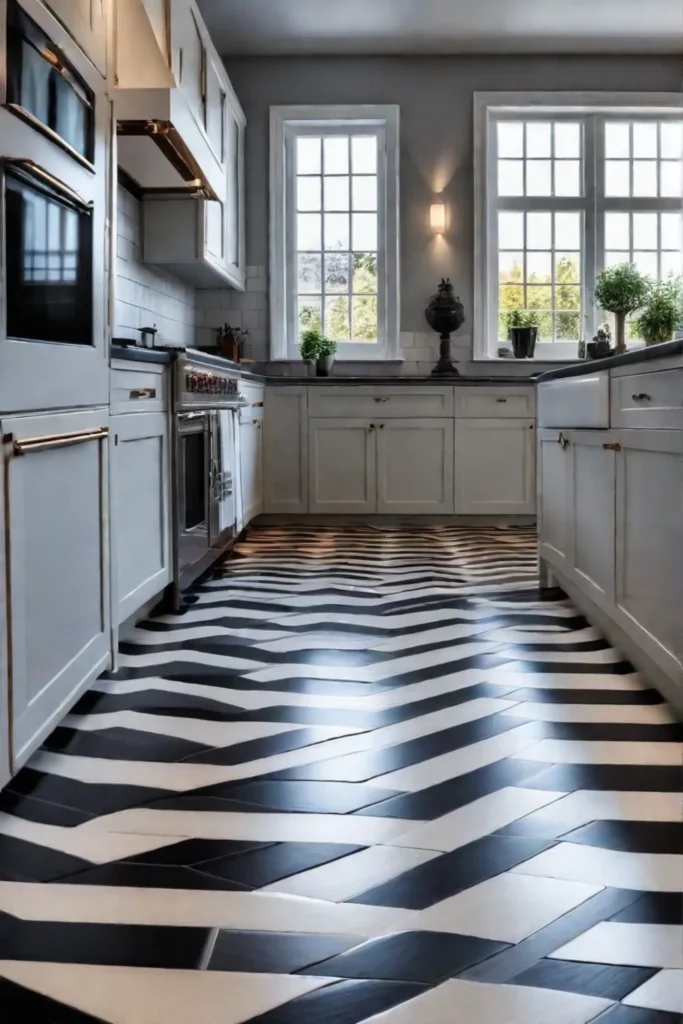 Striped flooring in a narrow kitchen