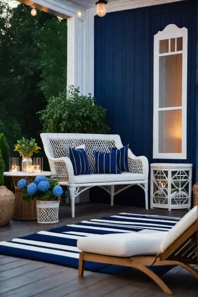 Striped outdoor rug and potted hydrangeas on a porch with string lights