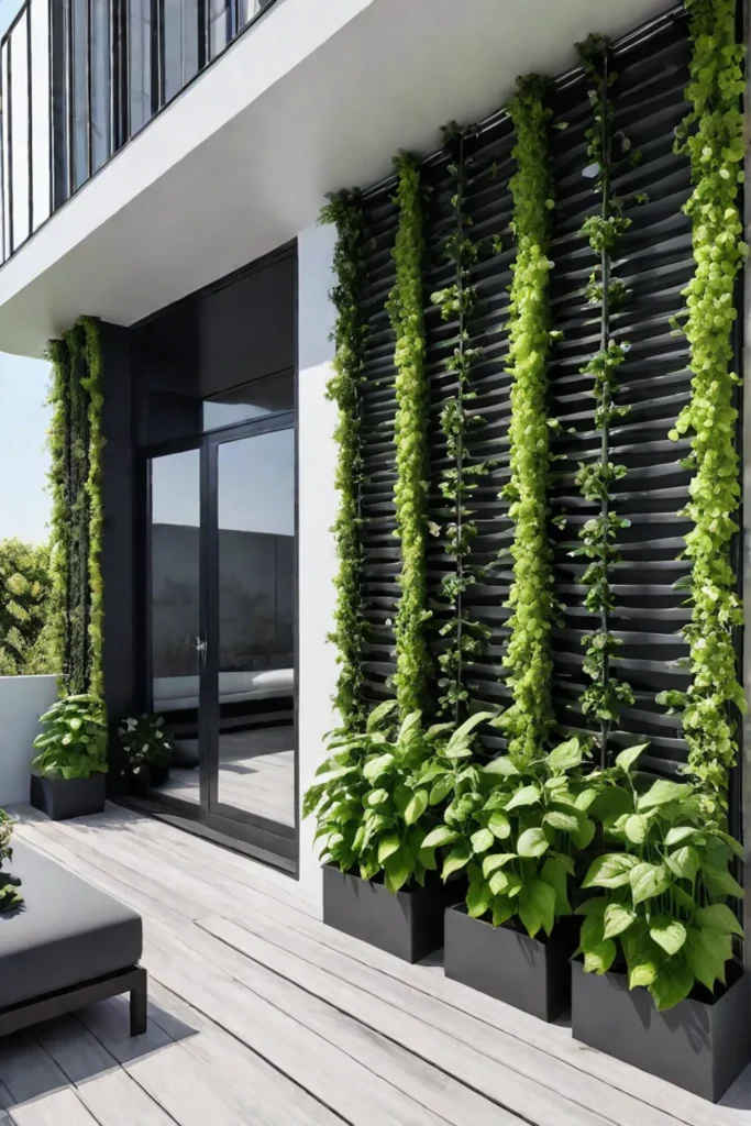 Sunny balcony with a vertical garden of climbing beans and peas on