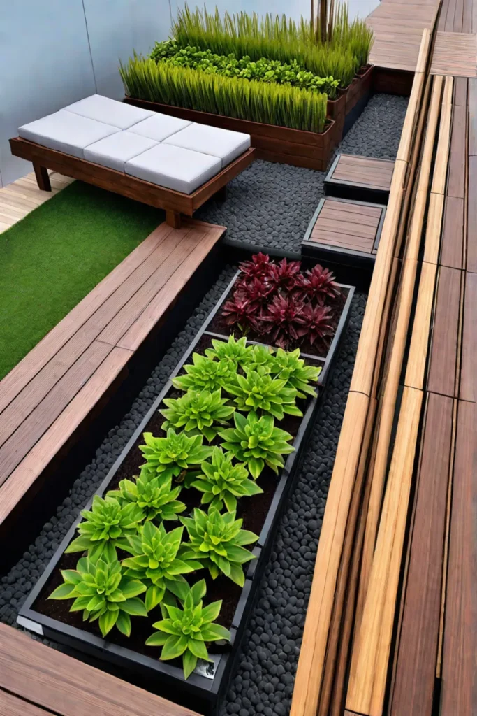 Sustainable bamboo deck with planters and vertical garden