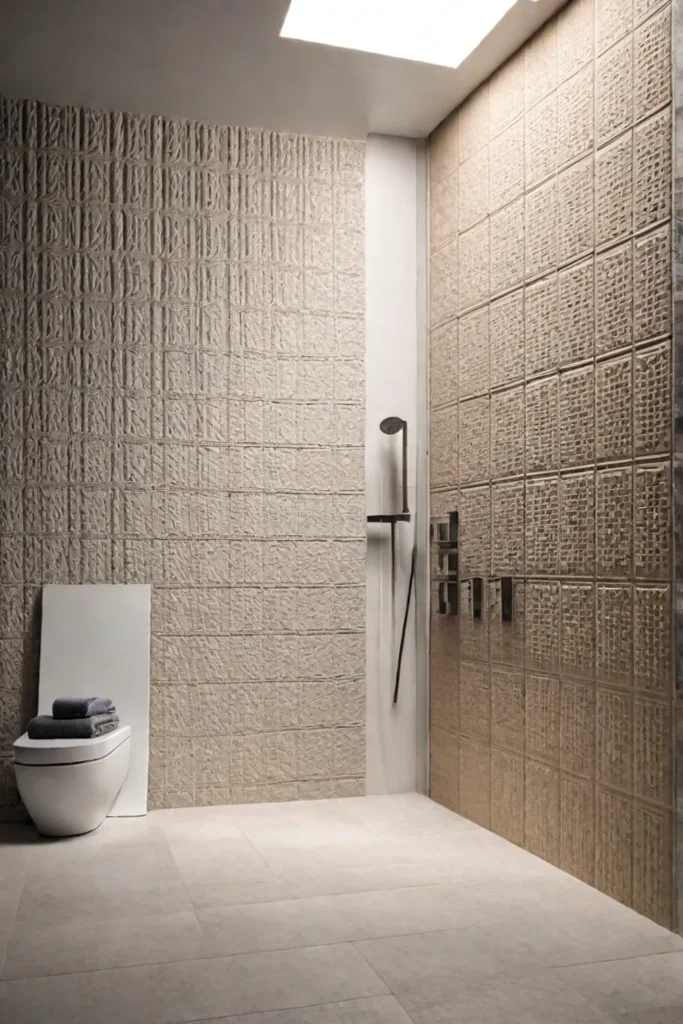 Textured beige tiles on a shower wall