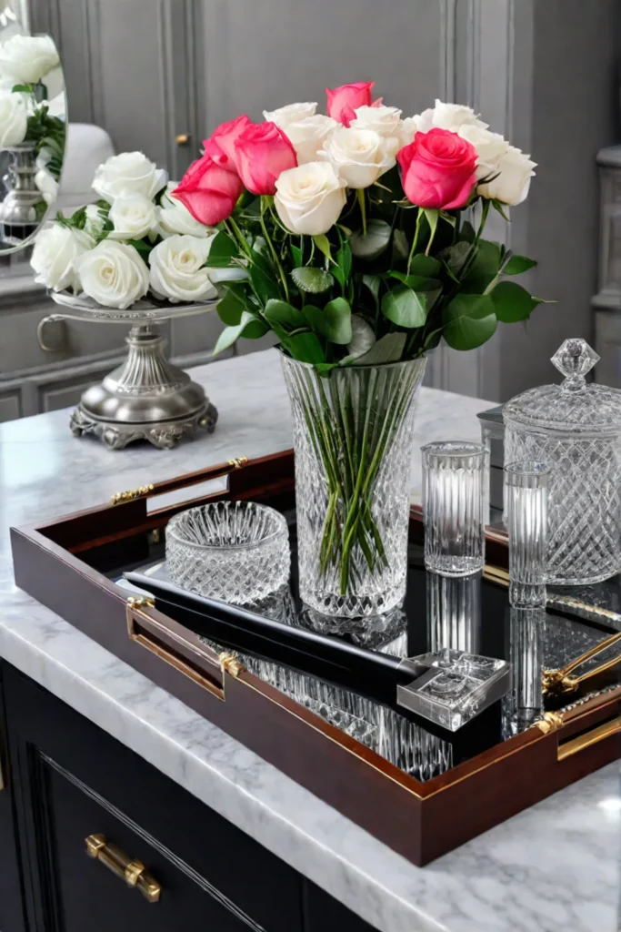 Traditional kitchen countertop with a silver tray and a vase of roses