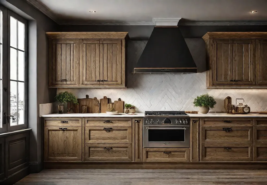 Traditional kitchen with aged oak cabinets distressed finish and ornate hardwarefeat