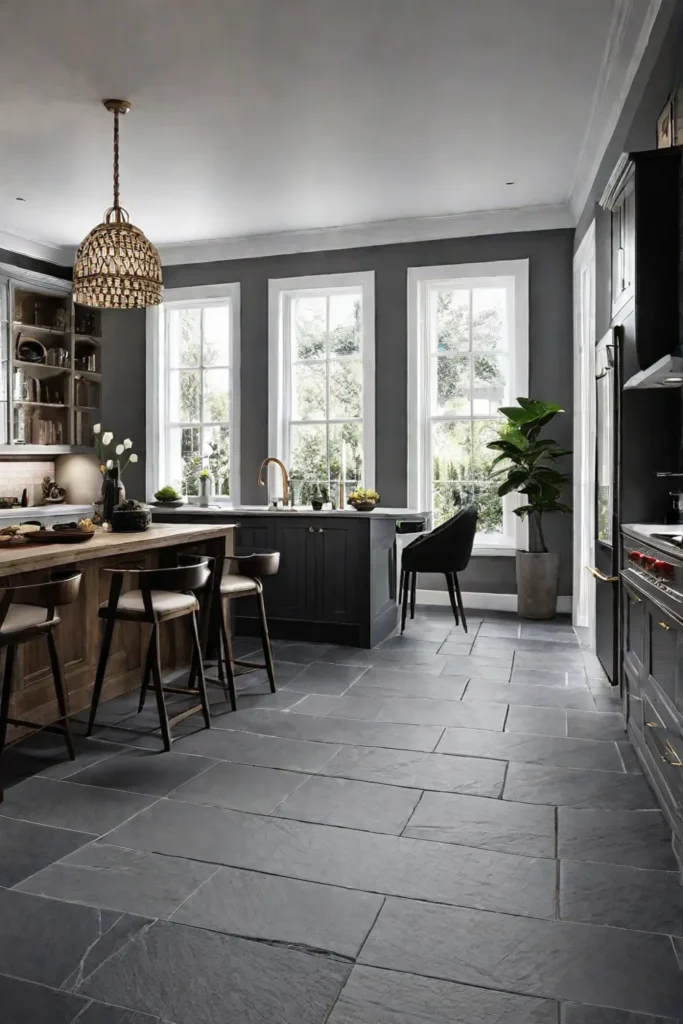 Traditional kitchen with slate stone tile flooring