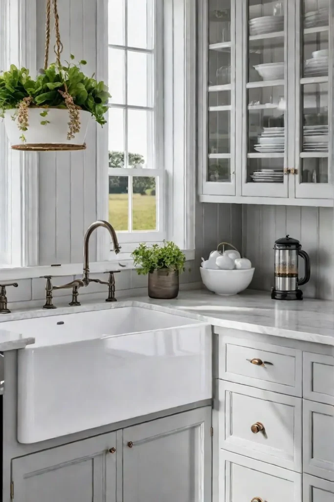 Traditional light gray cabinets in a modern farmhouse kitchen