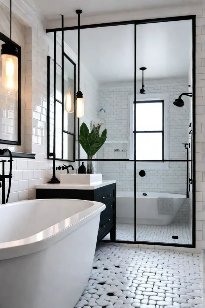 Transitional bathroom with subway tile shower