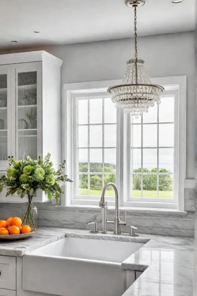 Transitional farmhouse kitchen with skirted apronfront farmhouse sink