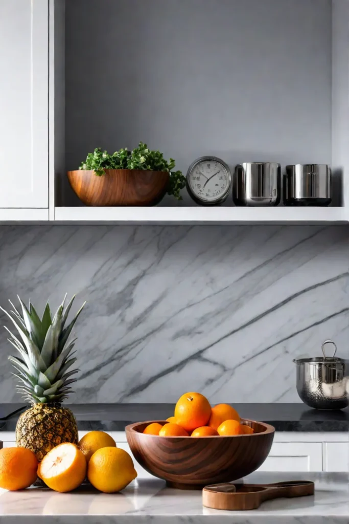 Transitional kitchen countertop with a marble utensil holder and a wooden fruit