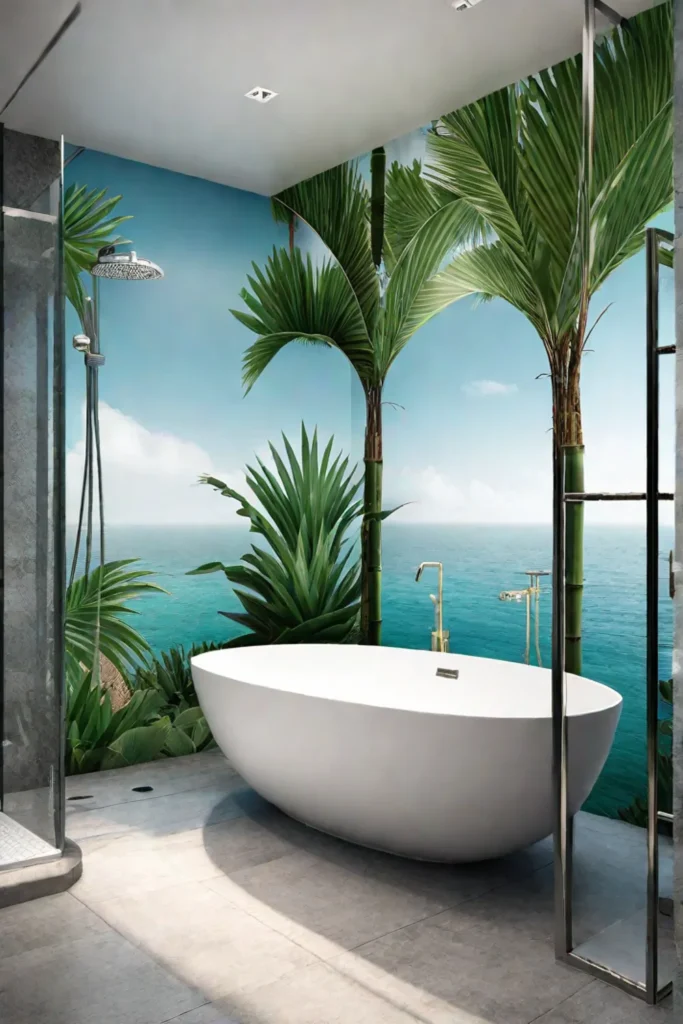 Tropical paradise bathroom with palm tree wallpaper and bamboo accents