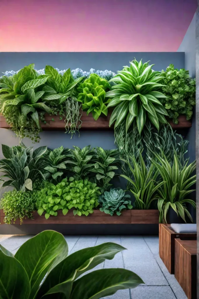 Urban rooftop vertical garden with leafy greens and herbs in wall planters