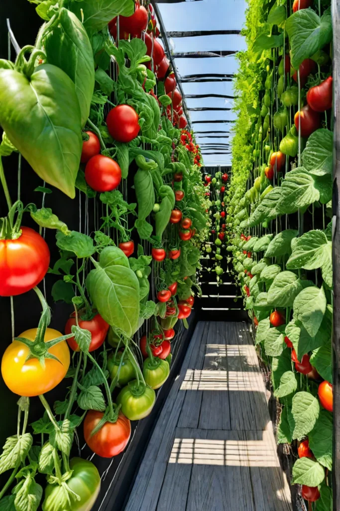 Vertical garden with various vegetables utilizing trellises and hanging baskets
