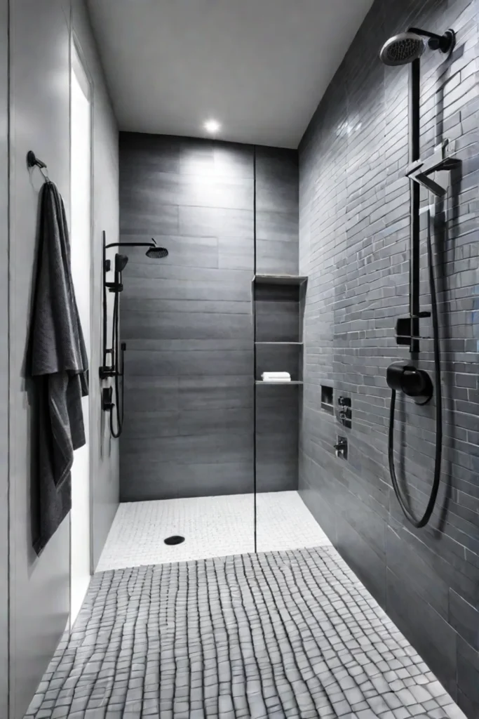 Vertical tile design emphasizing height in a small shower