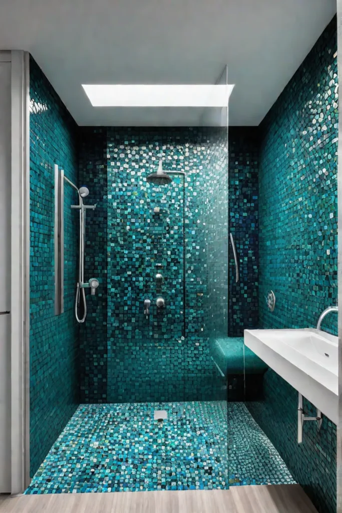Vibrant shower with jeweltoned mosaic accent wall