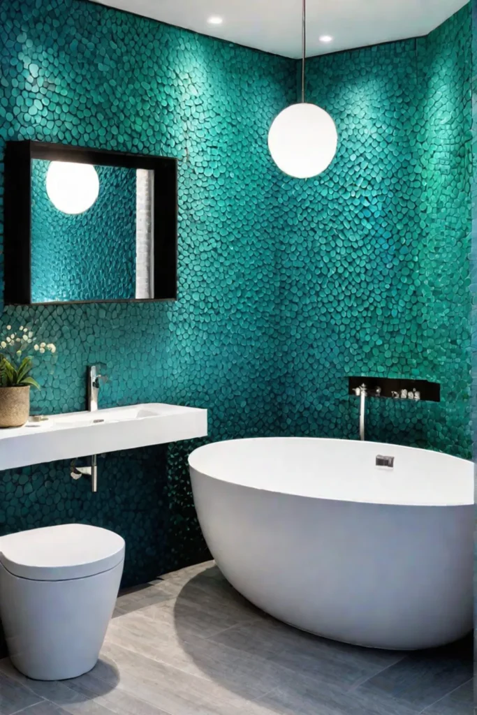 Vibrant bathroom design with mosaic tiles and white porcelain fixtures