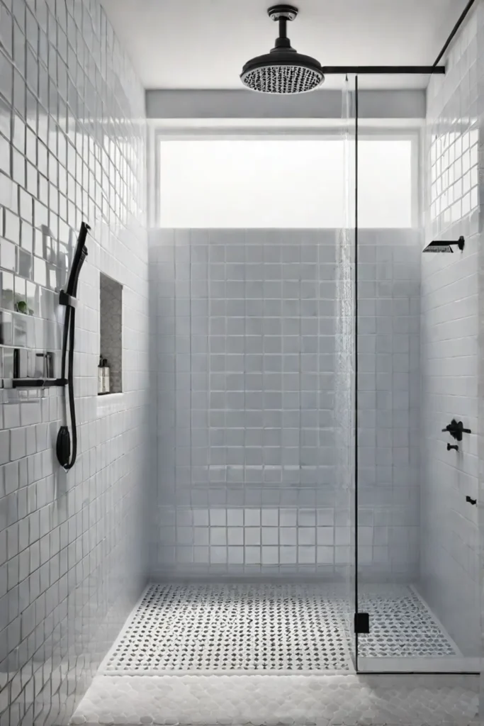 Vintageinspired bathroom shower with subway tiles and hexagonal floor