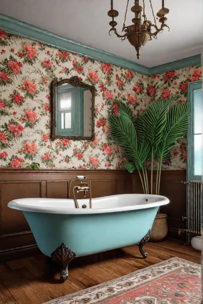 Vintagestyle bathroom with clawfoot tub and floral wallpaper