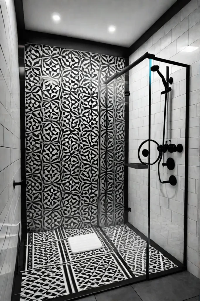 Walkin shower with black and white triangular tiles