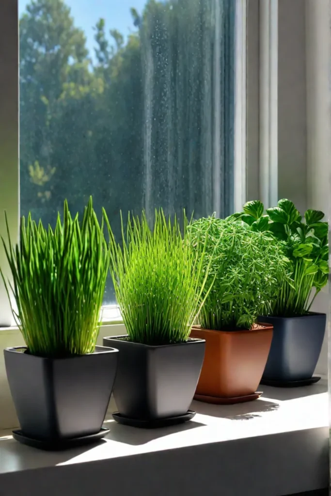 Windowsill with small pots of herbs