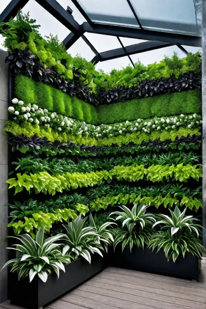 Winter scene with a vertical garden of coldhardy vegetables and evergreen plants