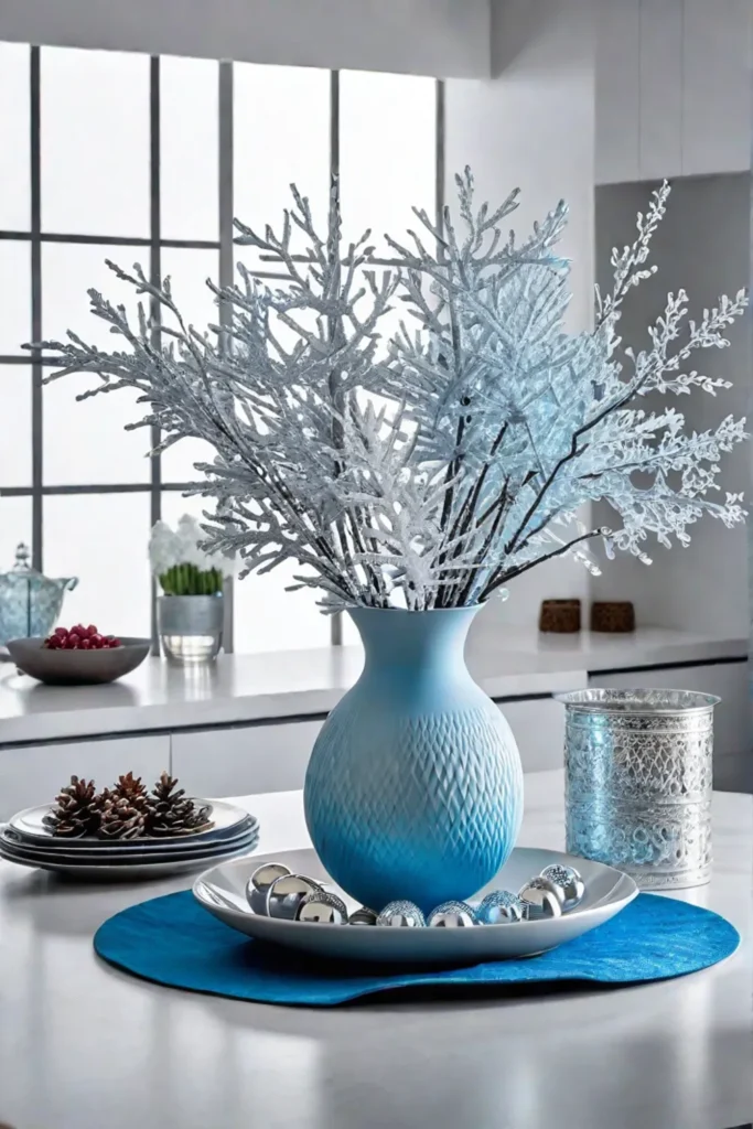 Winter wonderland decor with frosted branches and snowflakes