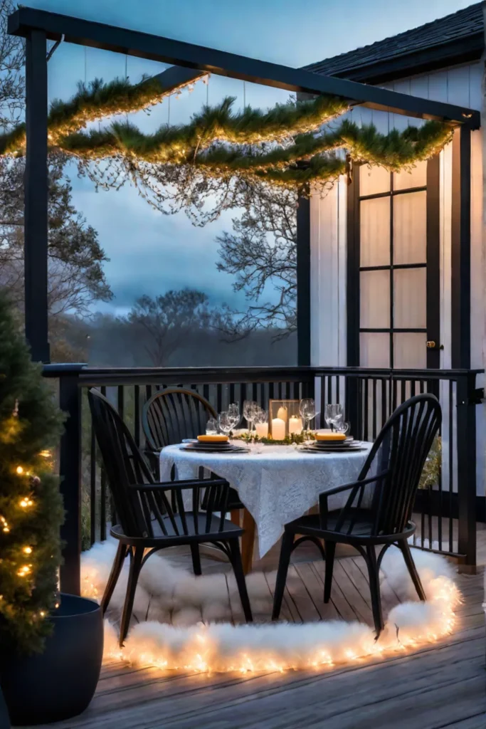 Winter porch scene featuring a cozy rug festive garlands and twinkling lights evoking a sense of warmth and holiday cheer