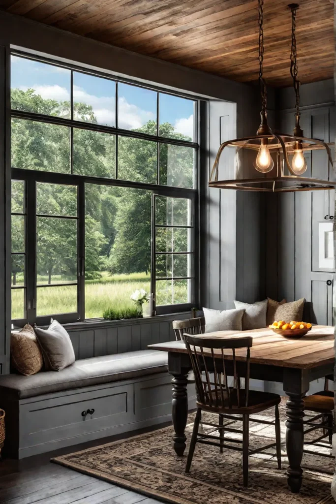 a farmhouse kitchen with a cozy breakfast nook featuring rustic pendant lighting