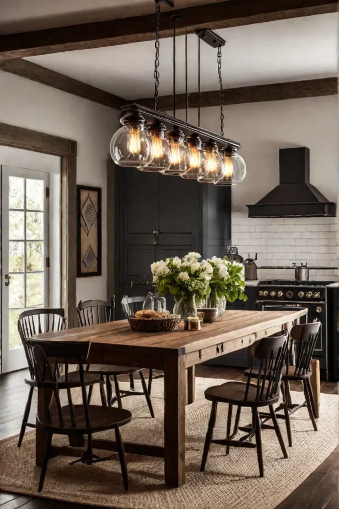 a farmhouse kitchen with a rustic pendant light hanging over a wooden
