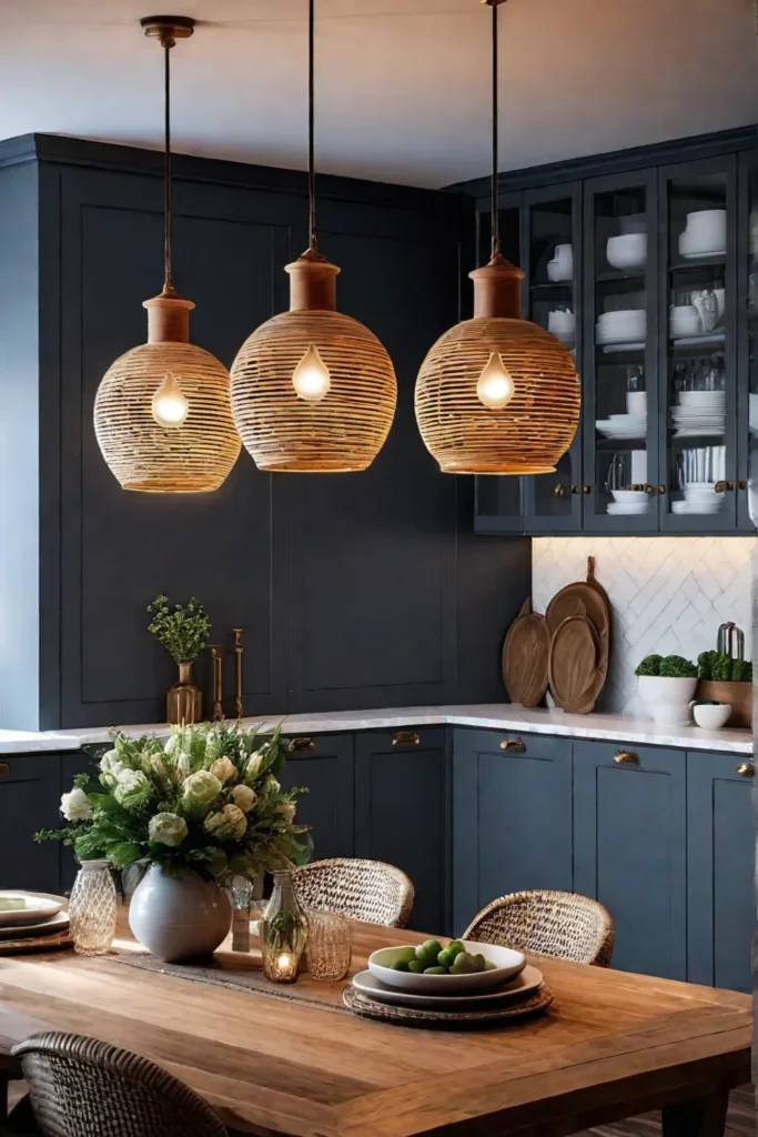 a farmhouse kitchen with a statement farmhousestyle pendant and candle sconces featuring