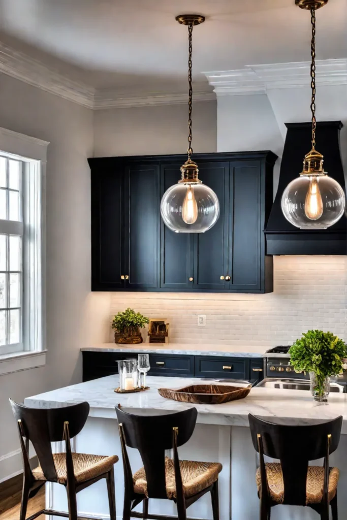 a farmhouse kitchen with decorative lighting accents including a pendant light and