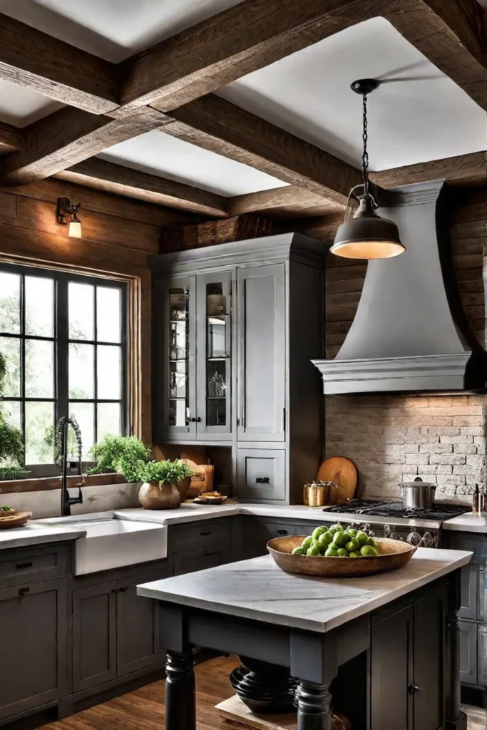 a farmhouse kitchen with farmhouse chandeliers and wall sconces with vintageinspired designs