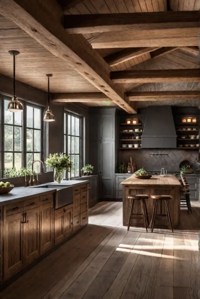 a farmhouse kitchen with recessed lighting natural wood cabinets and exposed beams