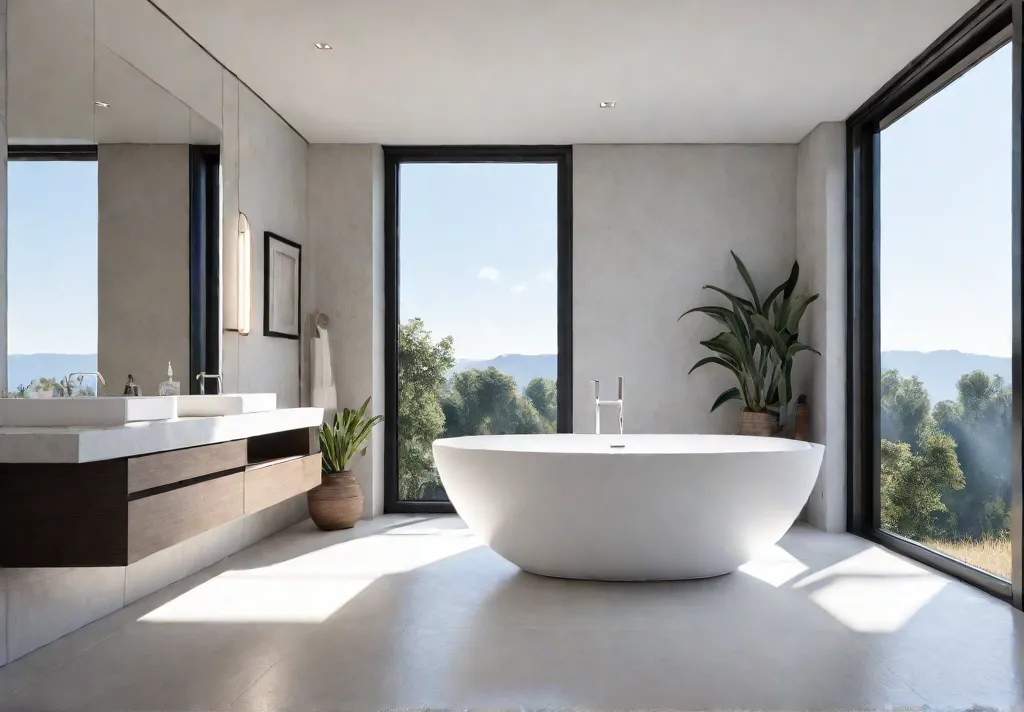 A bright and airy bathroom with a minimalist design featuring a freestandingfeat