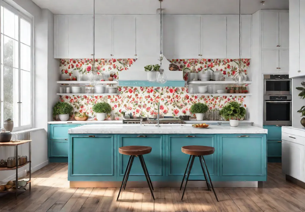 A bright and airy kitchen featuring a vibrant floral vinyl wallpaper thatfeat