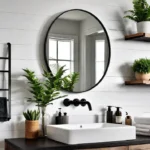 A chic modern bathroom with white subway tiles open shelving displaying rolledfeat