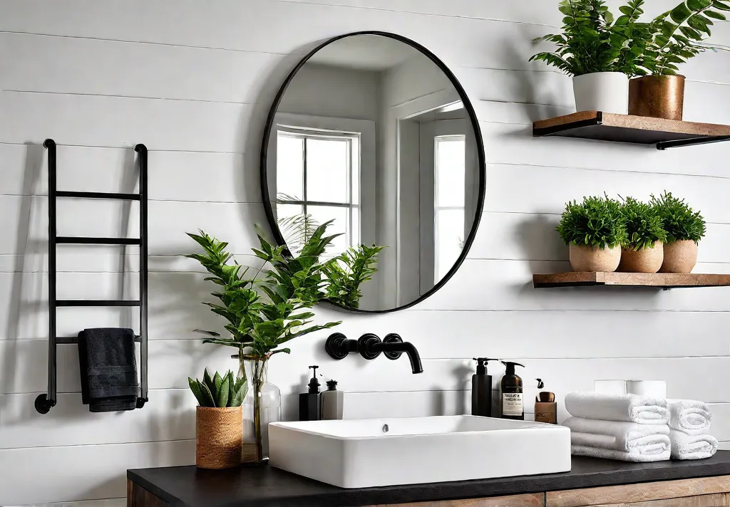 A chic modern bathroom with white subway tiles open shelving displaying rolledfeat