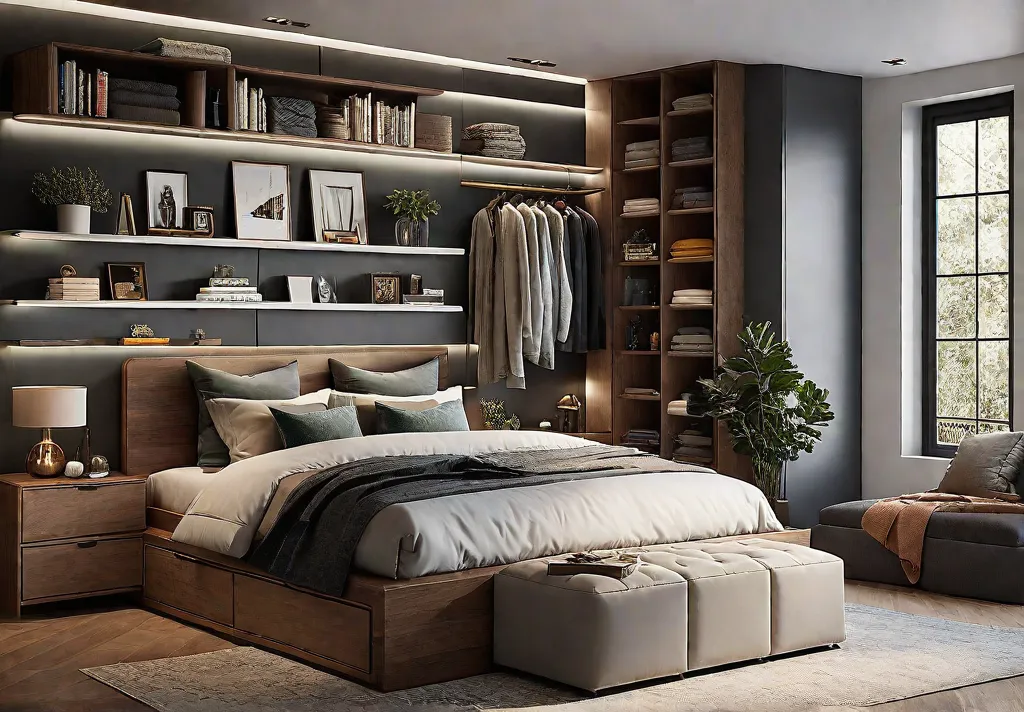 A cozy bedroom with a bed featuring builtin drawers underneath storing extrafeat