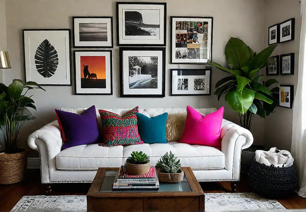 A cozy living room with a DIY gallery wall featuring an eclecticfeat