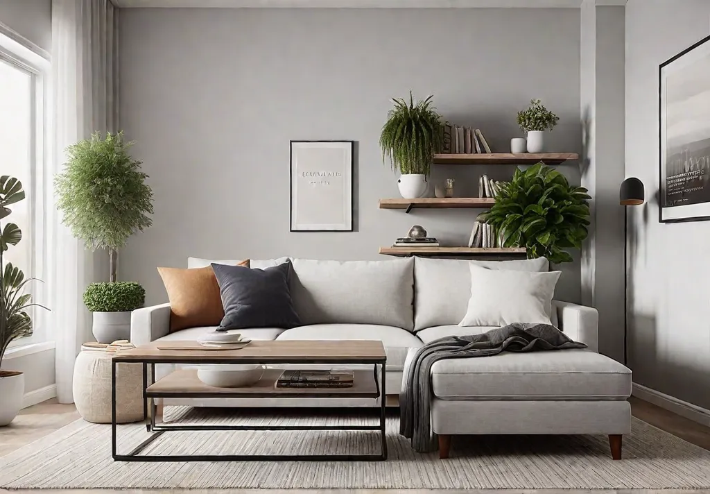 A cozy welllit small living room with a light gray sofa bedfeat