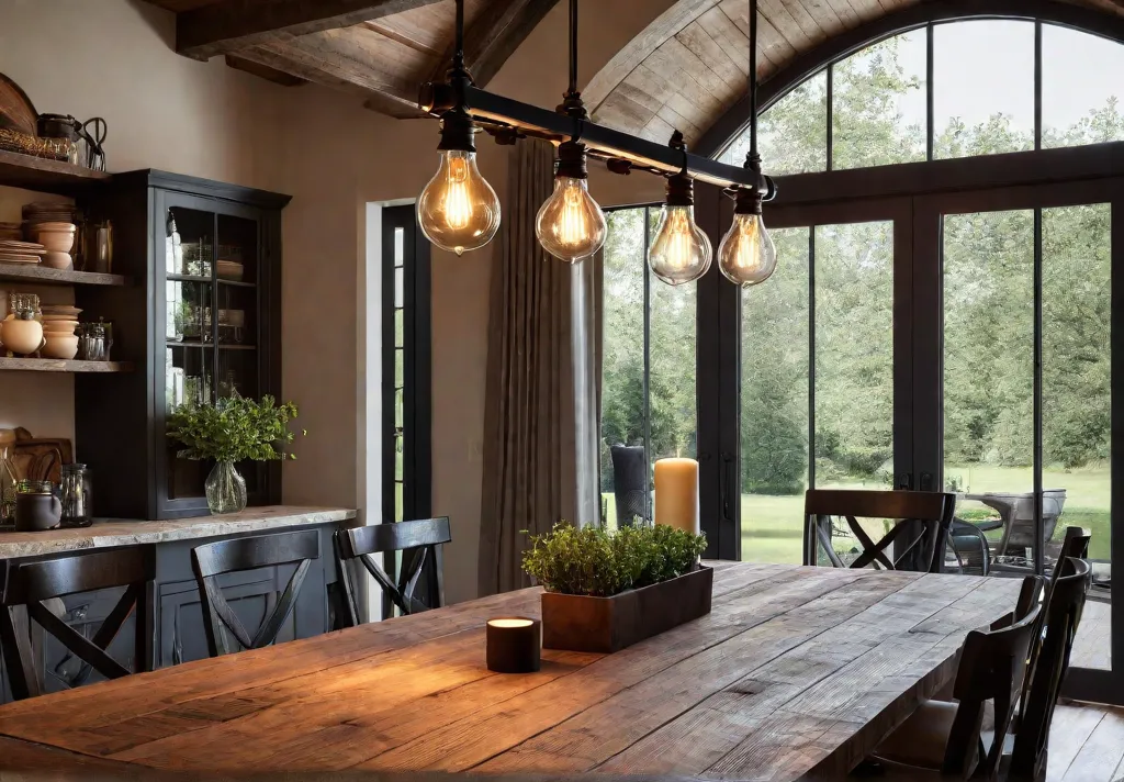 A farmhouse kitchen with a large wooden table illuminated by a wroughtfeat