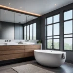 A luxurious bathroom spalike retreat with large windows for ample natural lightfeat