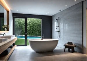 A luxurious modern bathroom designed for ultimate relaxation featuring a sleek freestandingfeat