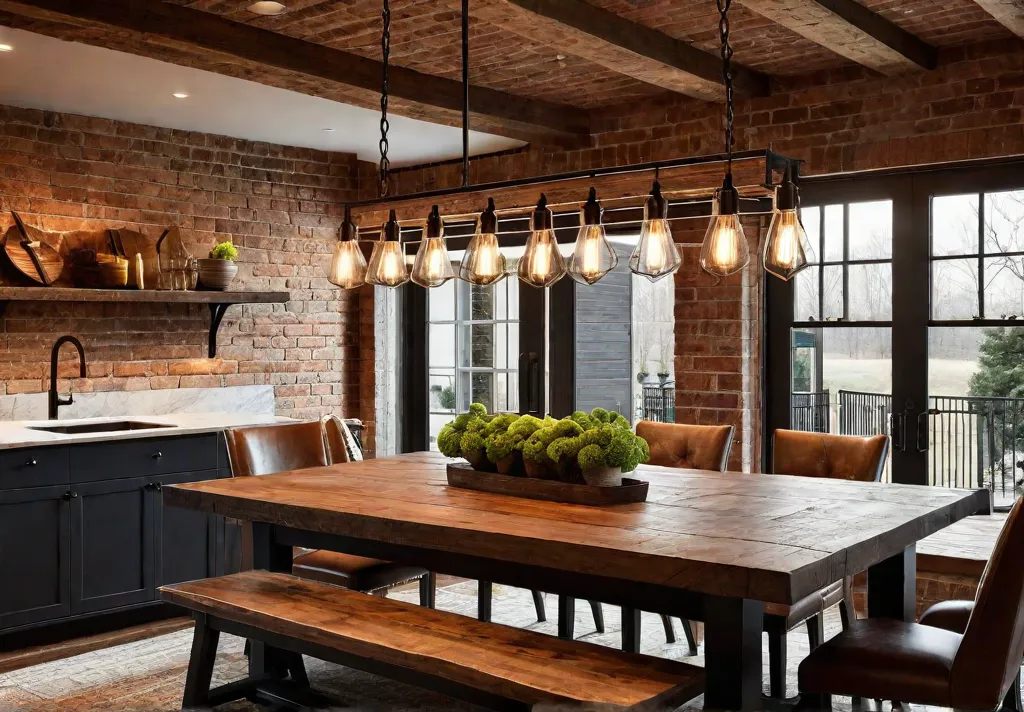 A modern farmhouse kitchen with a large wooden table illuminated by afeat
