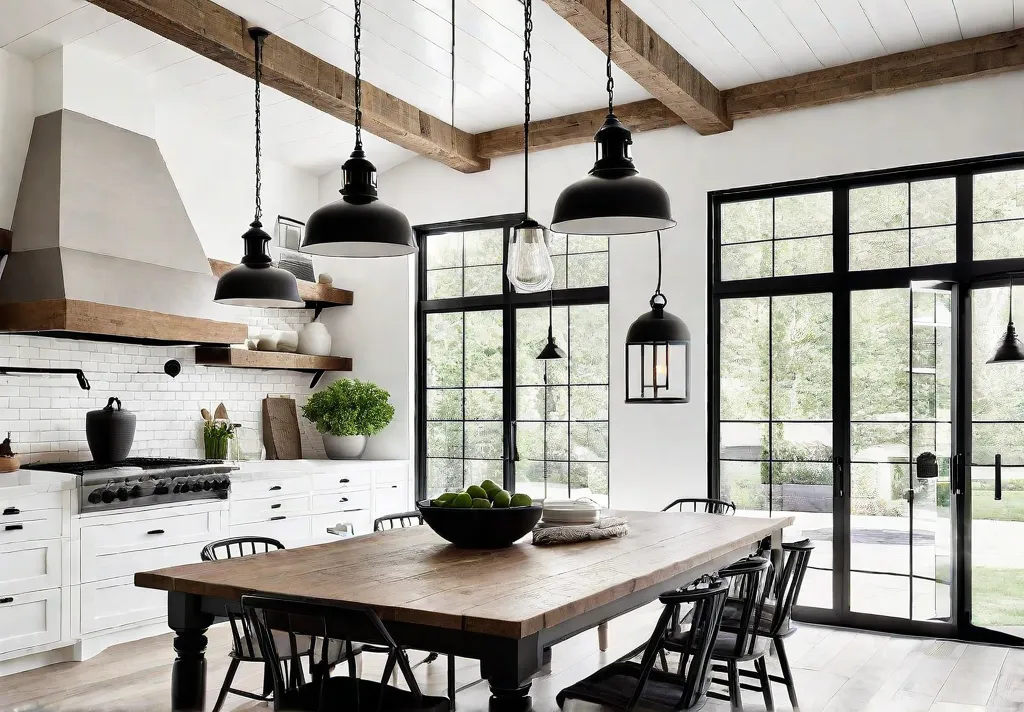 A modern farmhouse kitchen with a rustic wooden table illuminated by afeat