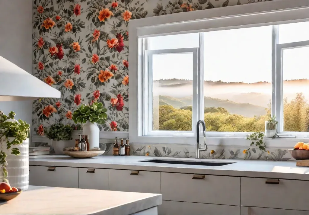 A modern kitchen featuring vintageinspired floral wallpaper with a twist paired withfeat