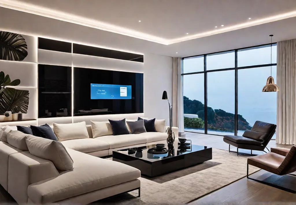 A modern living room bathed in warm dimmable smart lighting controlled byfeat