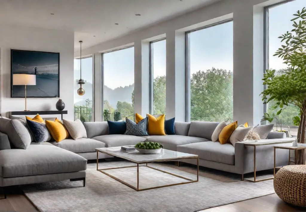 A modern living room with a light and airy feel featuring afeat
